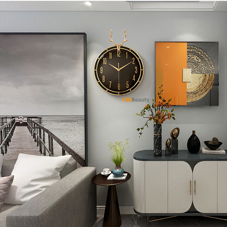 Đồng hồ treo tường cao cấp đầu hươu tài lộc mạ vàng