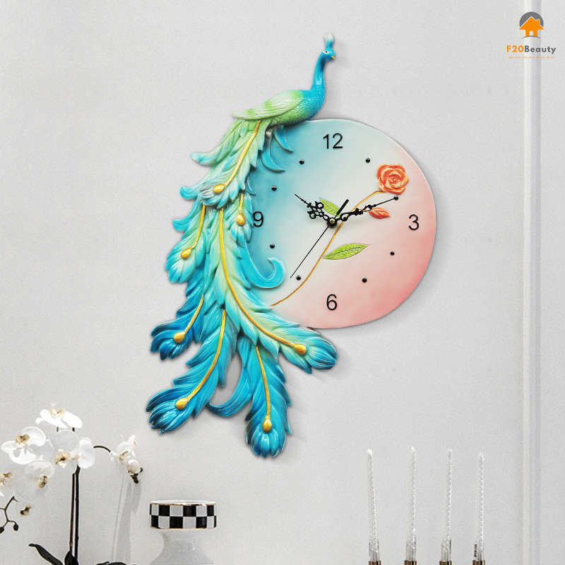 Đồng hồ treo tường cao cấp chim công khổng tước 3D