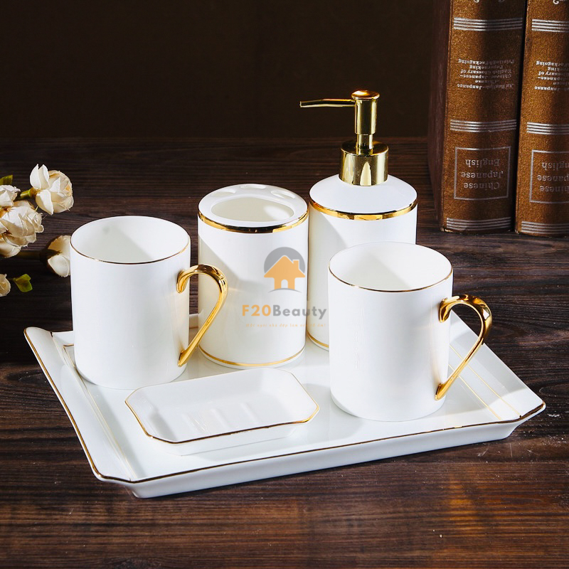 Bộ đồ dùng nhà tắm bằng sứ trắng