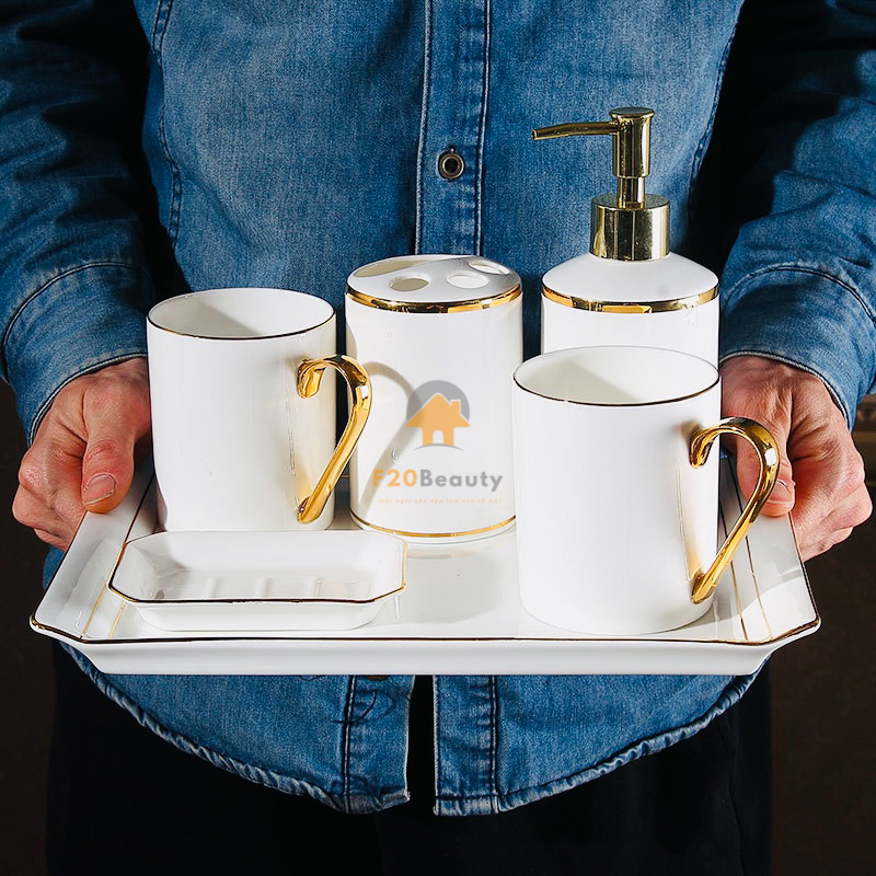 Bộ đồ dùng nhà tắm bằng sứ trắng