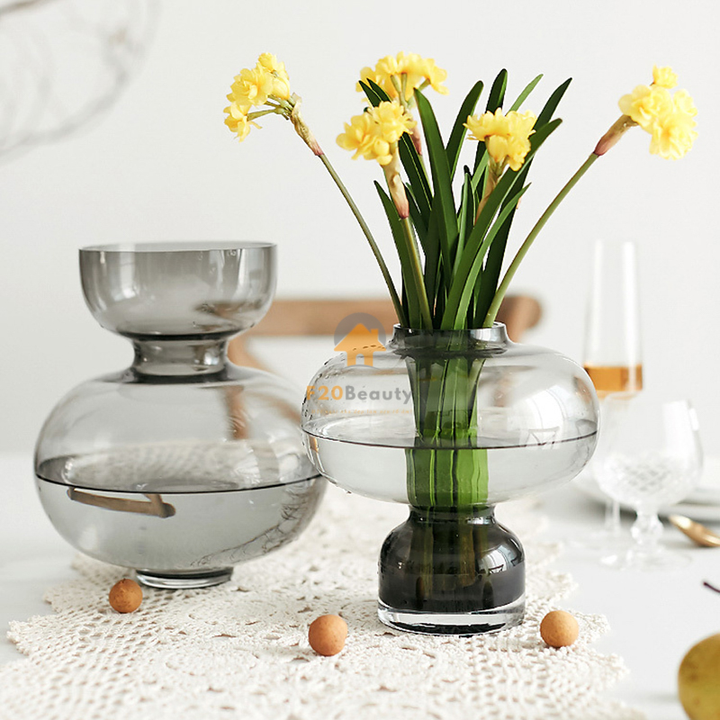 Bình thủy tinh miệng rộng xám cắm hoa trang trí phòng khách