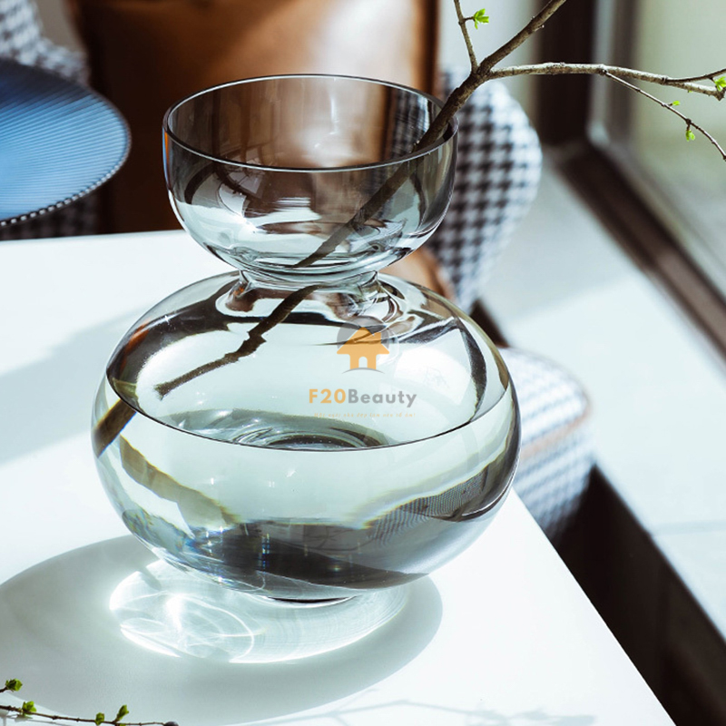 Bình thủy tinh miệng rộng xám cắm hoa cao cấp
