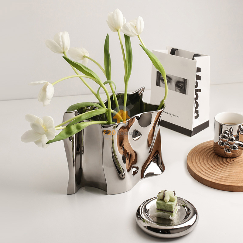 Bình gốm sứ mạ bạc cắm hoa Holly cao cấp decor trang trí phòng khách