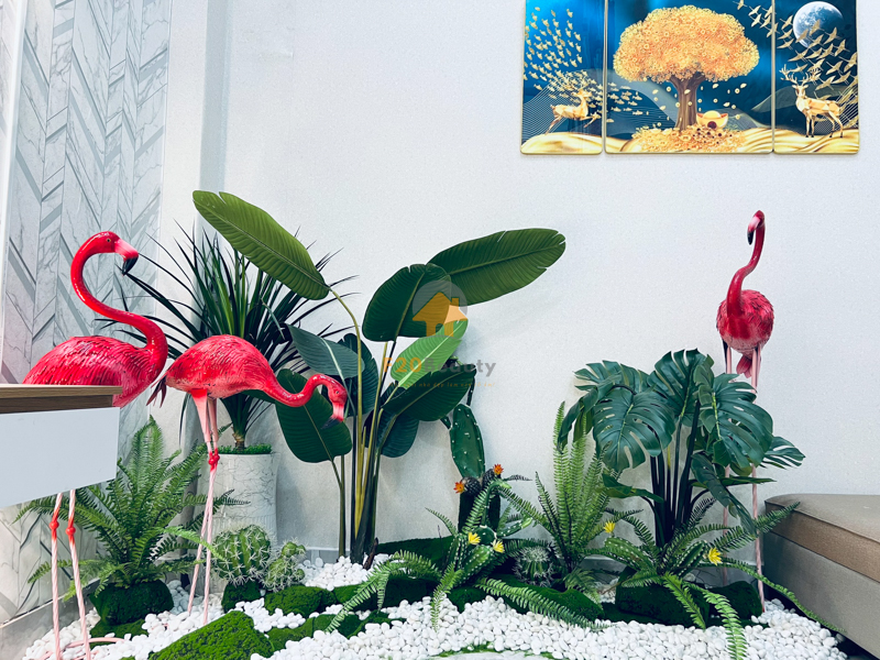 Hình ảnh Tiểu cảnh cây Monstera và Chuối Singapore giả kết hợp dương xỉ và xương rồng trang trí decor nội thất đẹp như thật