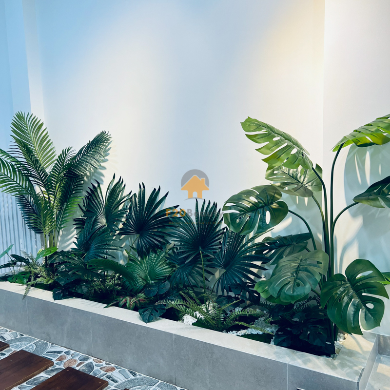 Hình ảnh thực tế thi công tiểu cảnh cây giả trang trí hoàn thiện