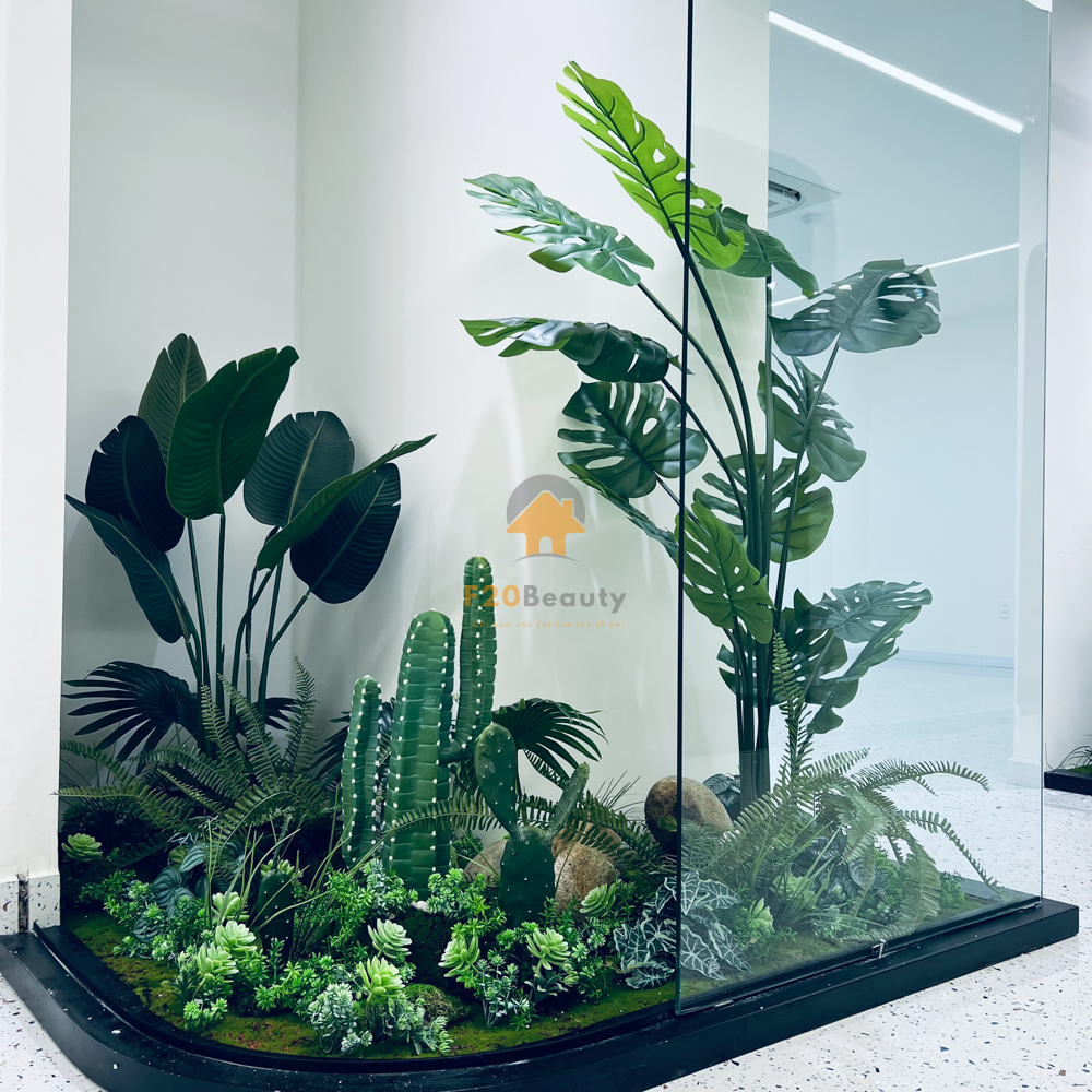Chi tiết tiểu cảnh cây giả decor đẹp như thật trang trí bệnh viện, Spa