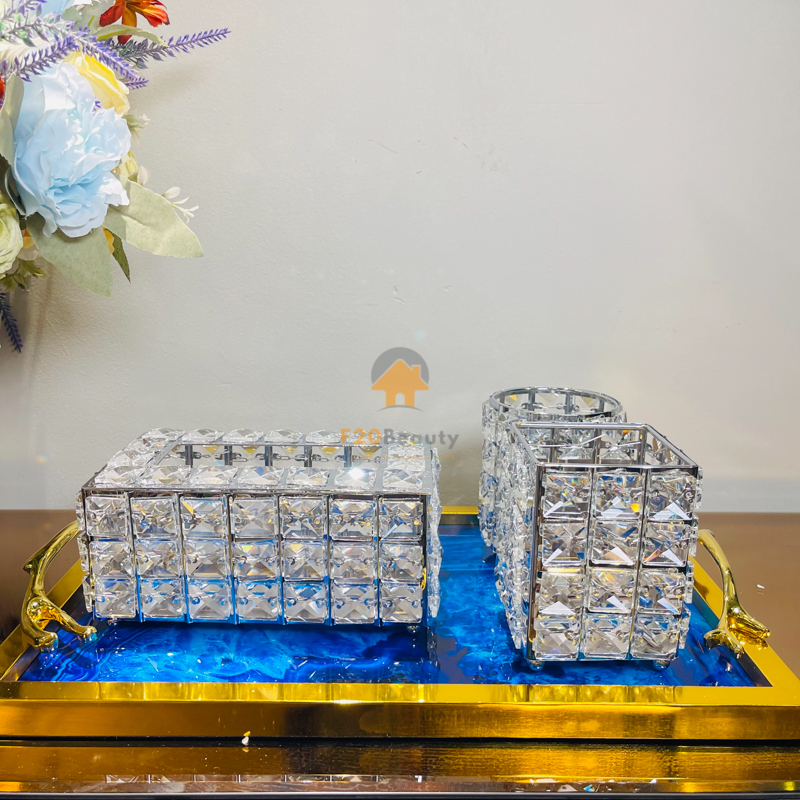 Hộp đựng khăn giấy, đồ trang điểm đính đá bạc trang trí phòng ngủ