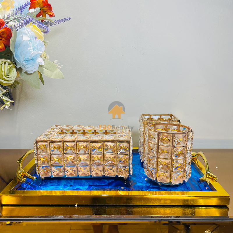 Hộp đựng khăn giấy, đồ trang điểm đính đá vàng trang trí không gian nội thất