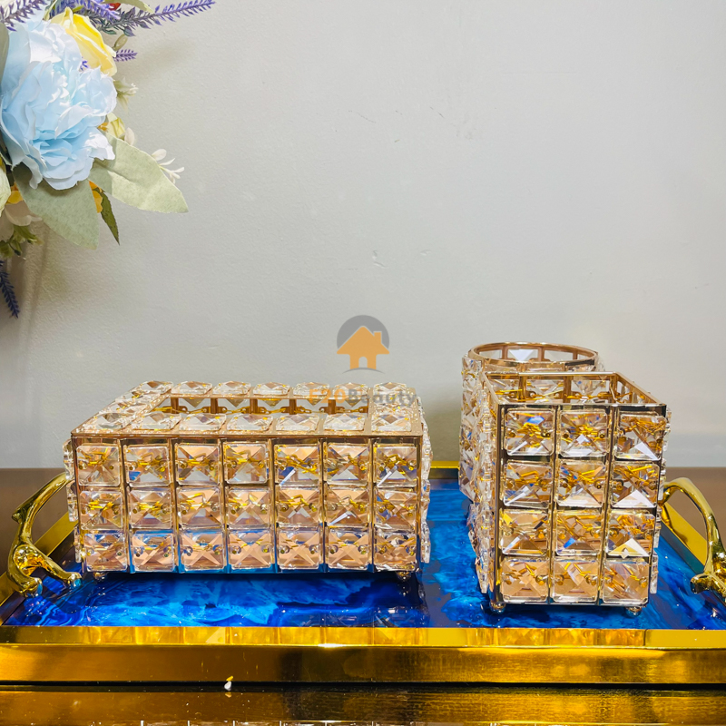 Hộp đựng khăn giấy, đồ trang điểm đính đá vàng trang trí nhà cửa