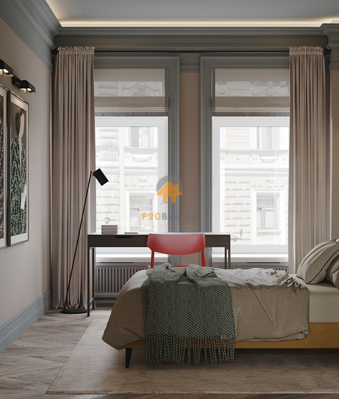 Những đồ vật trang trí phòng ngủ đẹp như: Đèn cây đứng, ghế, bàn làm việc, rèm cửa