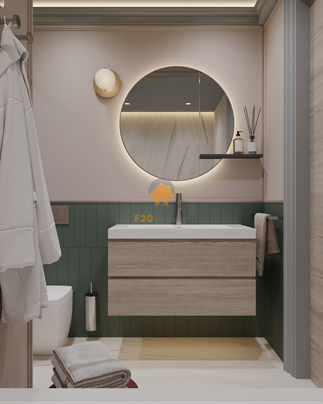 Những đồ vật trang trí phòng tắm đẹp như: Gương treo tường, đèn treo tường, kệ phòng tắm,...