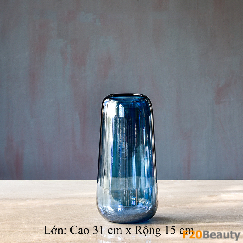 Lọ thủy tinh cắm hoa tròn bầu xanh dương - Lớn: cao 31cm x rộng 15cm