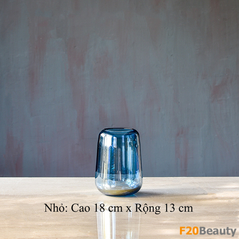 Lọ thủy tinh cắm hoa tròn bầu xanh dương - Nhỏ: cao 18cm x rộng 13cm