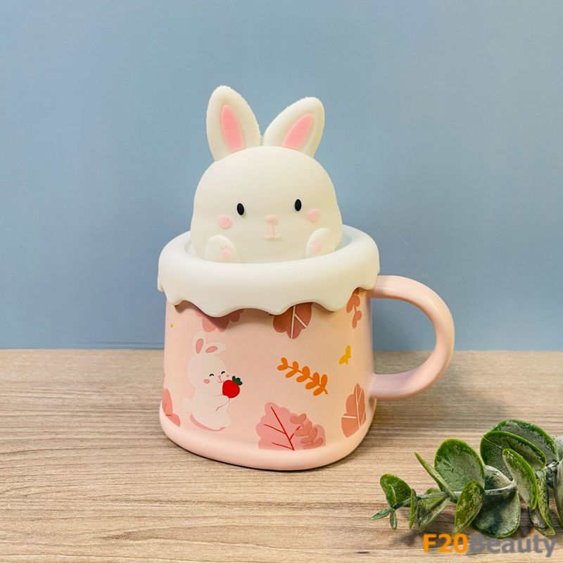 Cốc thỏ Vintage kèm nắp màu hồng