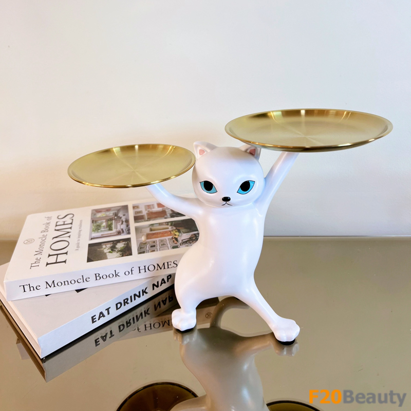 Tượng mèo 2 tay bê đĩa