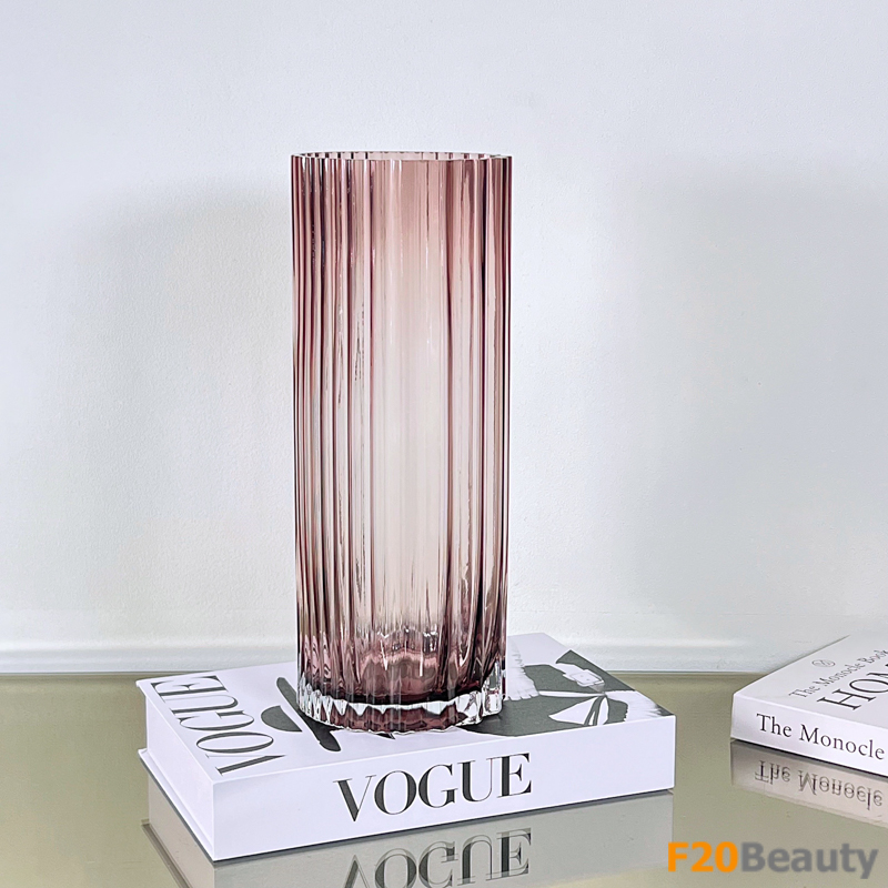 Bình thủy tinh trụ tròn vân sọc màu hồng