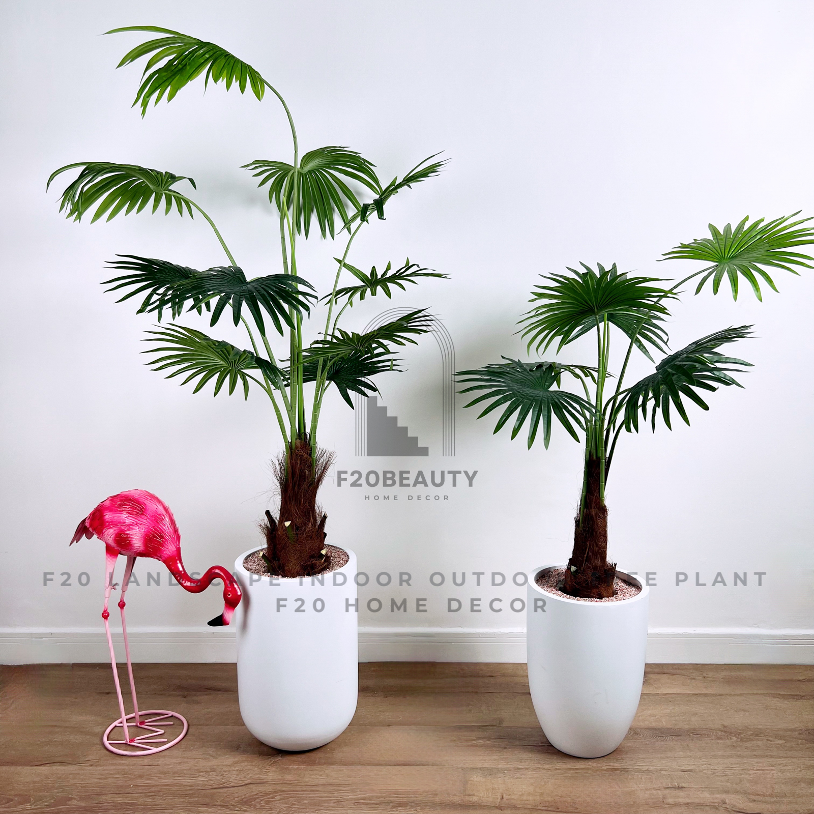Hình ảnh cây cọ quạt giả nhiệt đới trang trí kèm chậu xi măng trắng
