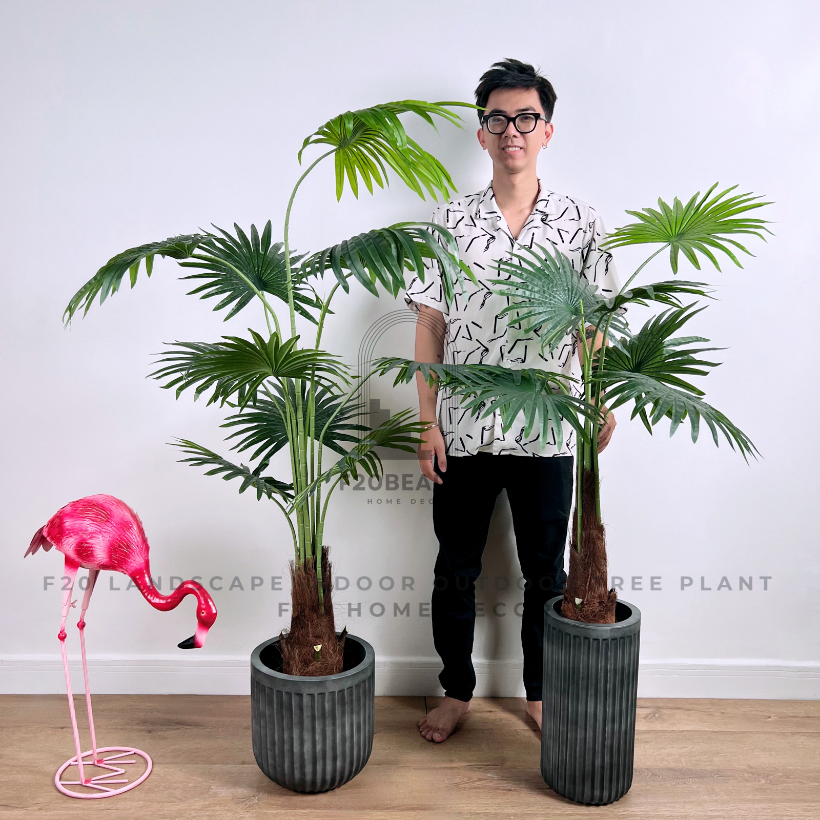 Cây cọ quạt giả phong cách nhiêt đới kết hợp chậu xi măng xám khói trang trí không gian sống