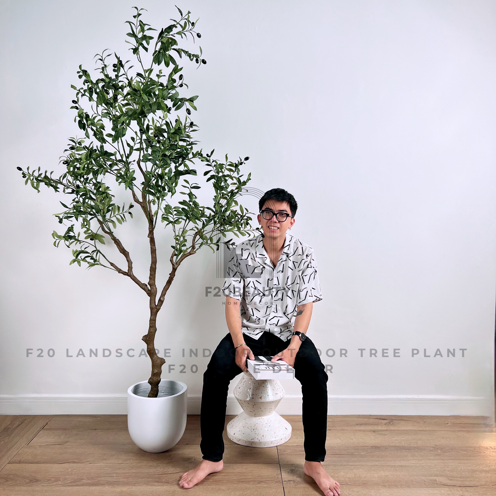 Cây Olive giả 210cm trang trí kèm chậu xi măng trắng theo phong cách tối giản