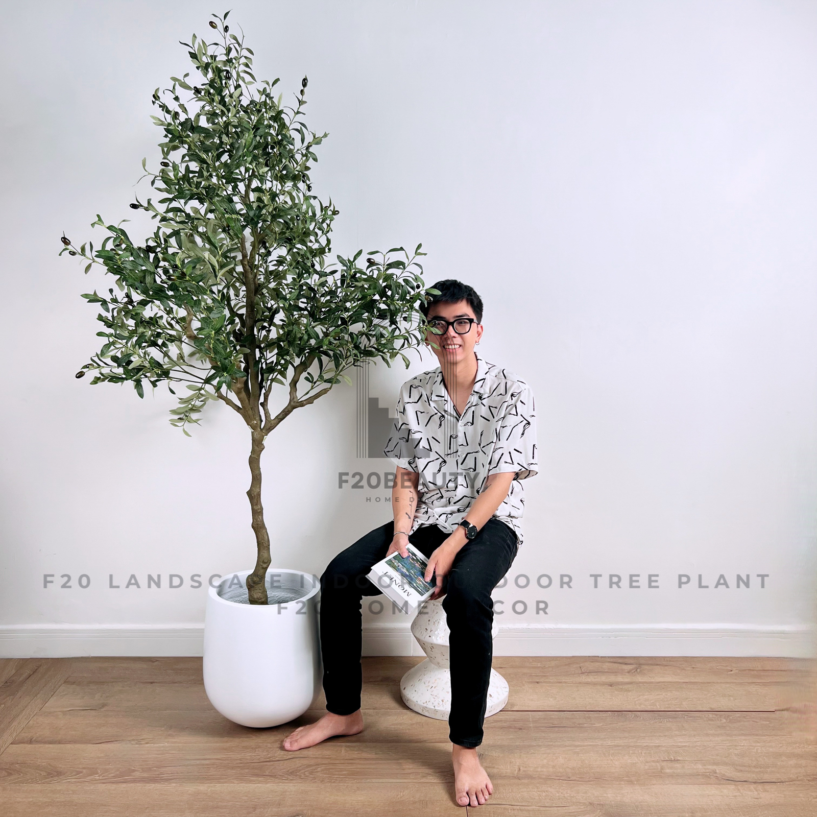 Cây Olive giả 210cm cành xum xuê trang trí kèm chậu xi măng trắng theo phong cách Bắc Âu