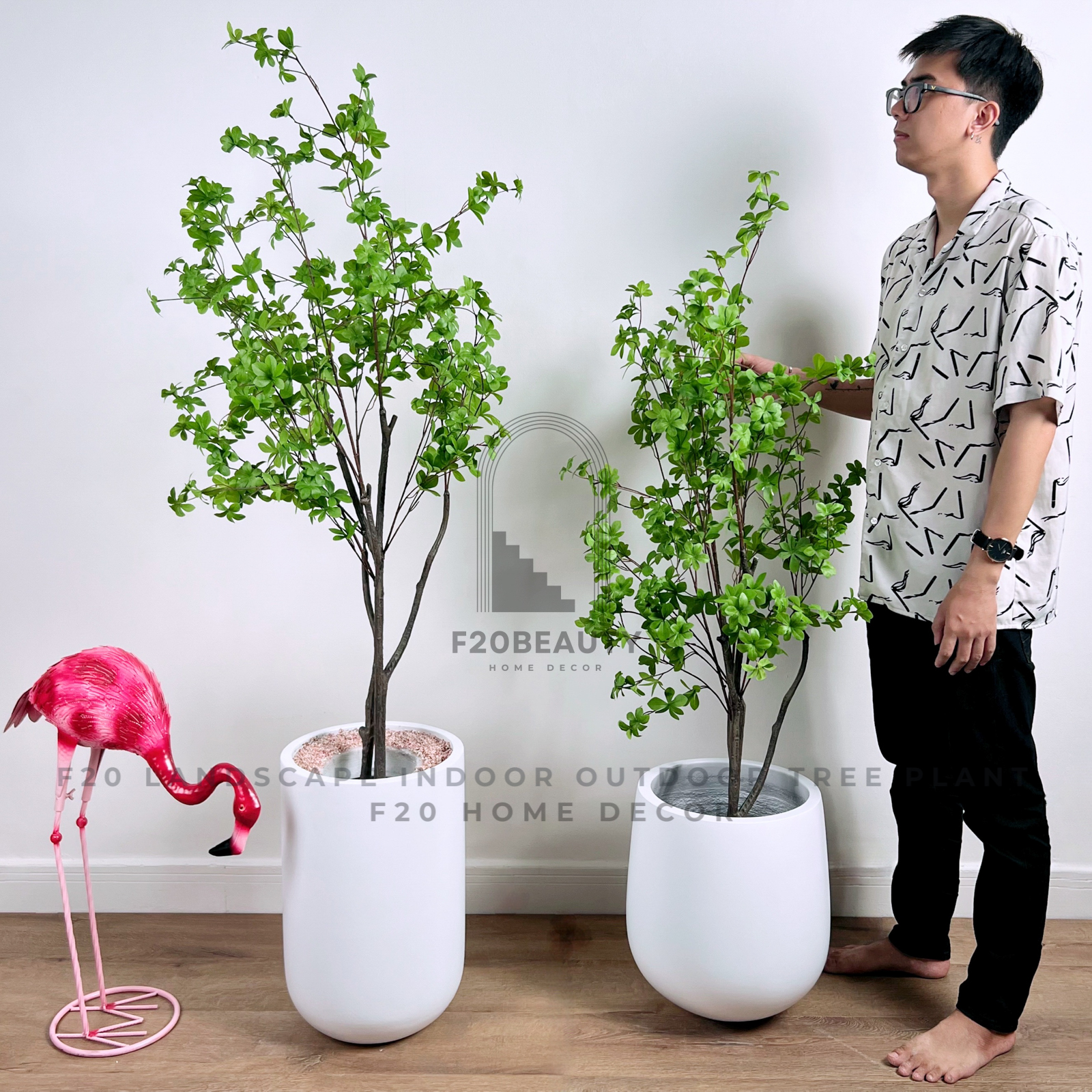 Cây thạch nam giả trang trí kèm chậu xi măng trắng