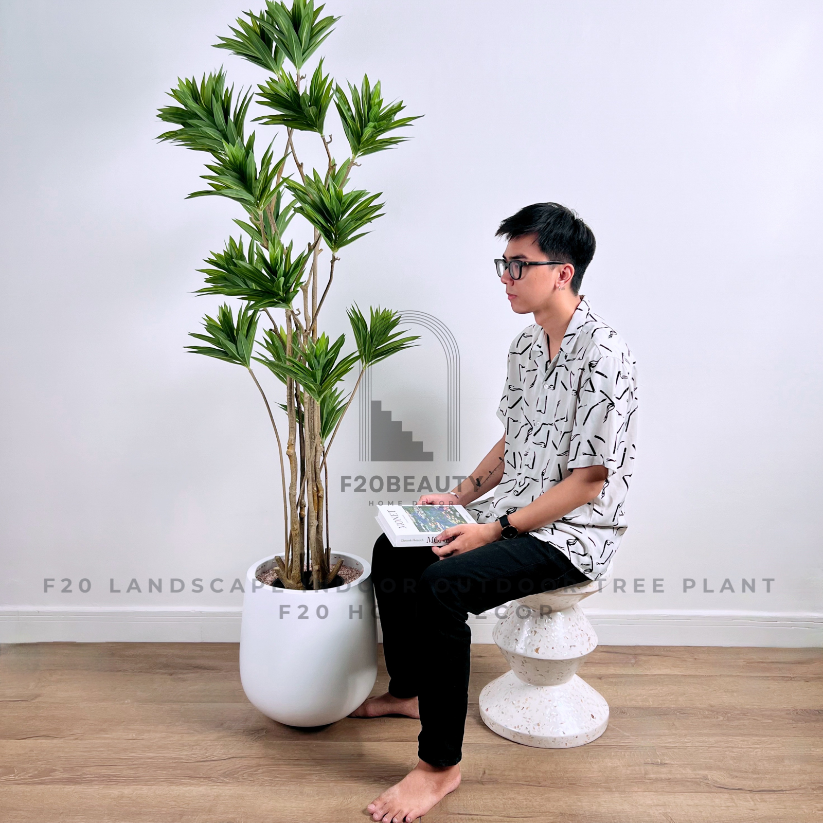Cây thủy trúc giả 17 lá kèm chậu xi măng trắng trang trí nội thất