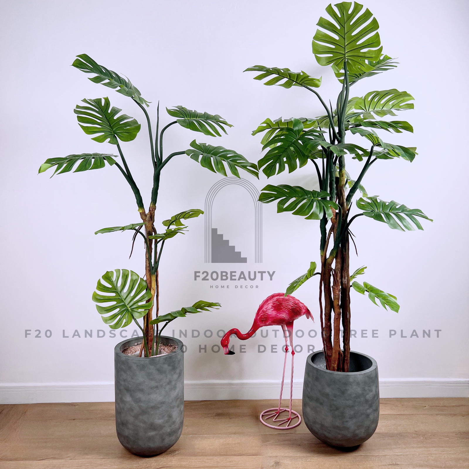 Góc trang trí cây trầu bà Monstera nhiệt đới thân cao giả