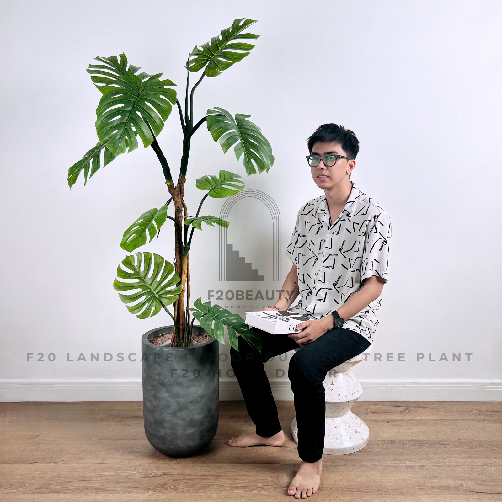 Cây trầu bà Monstera nhiệt đới thân cao giả 175cm trang trí kèm chậu xi măng xám khói