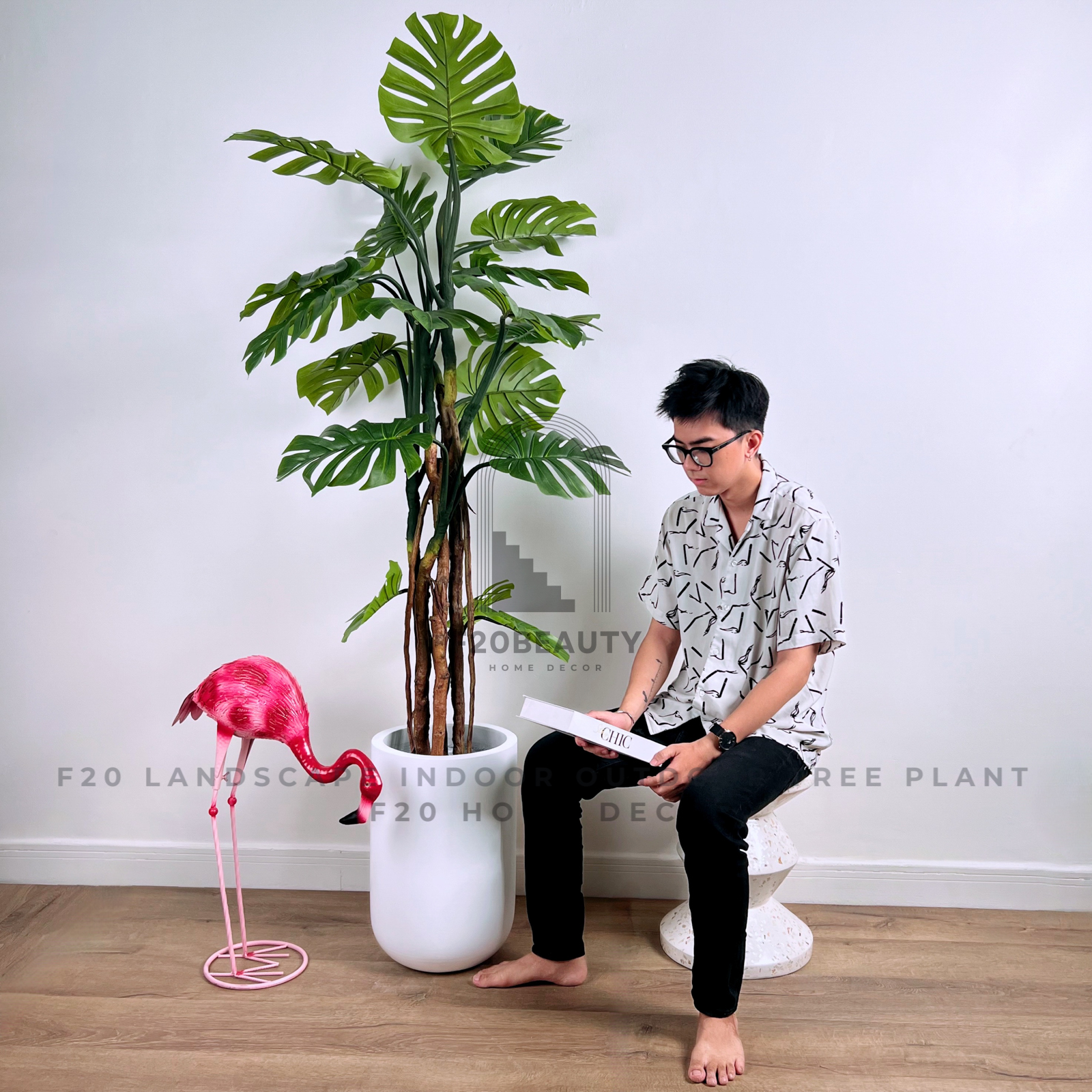Cây trầu bà Monstera nhiệt đới thân cao giả 220cm kèm chậu xi măng trắng