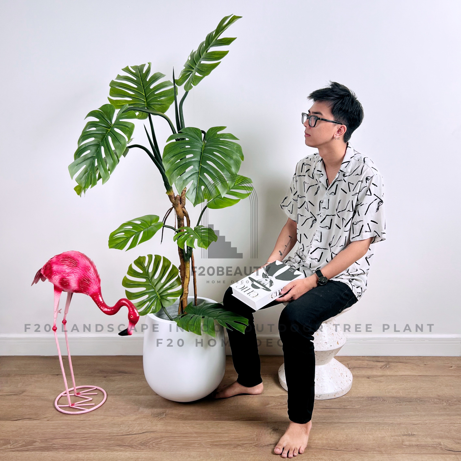 Cây trầu bà Monstera nhiệt đới thân cao giả 175cm kèm chậu xi măng trắng trang trí không gian nội thất