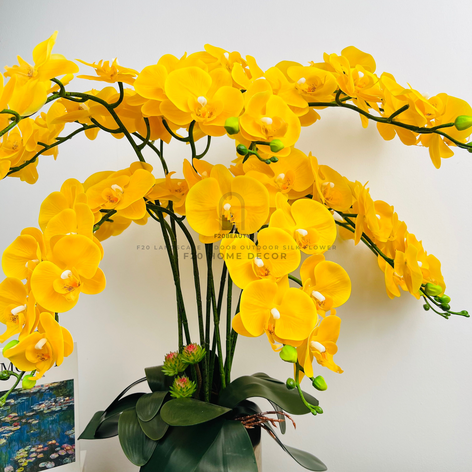 Chậu hoa lan hồ điệp giả mừng khai trương màu vàng sang trọng, quý phái