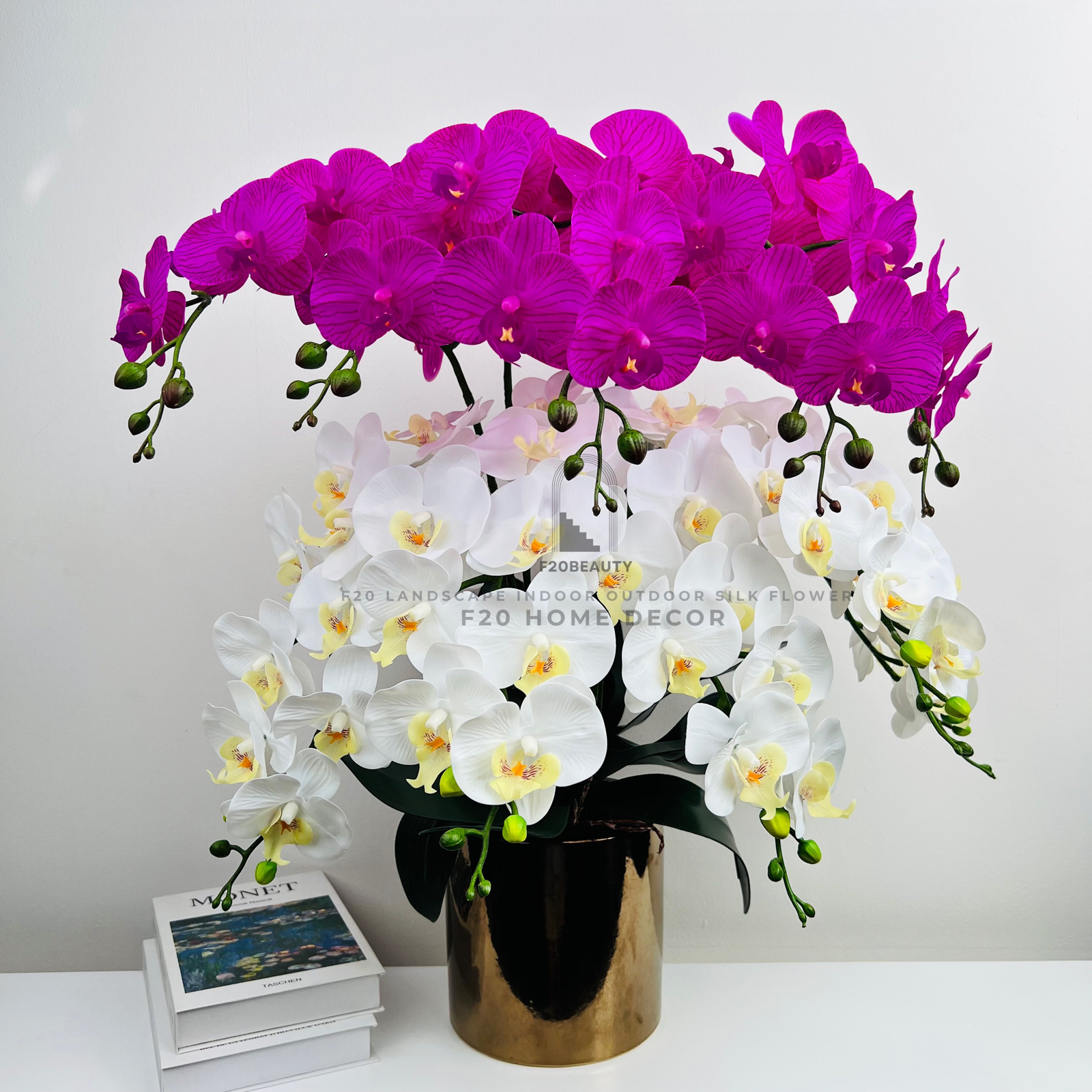 Chậu hoa lan hồ điệp giả màu trắng hồng Juviles cắm sẵn để bàn