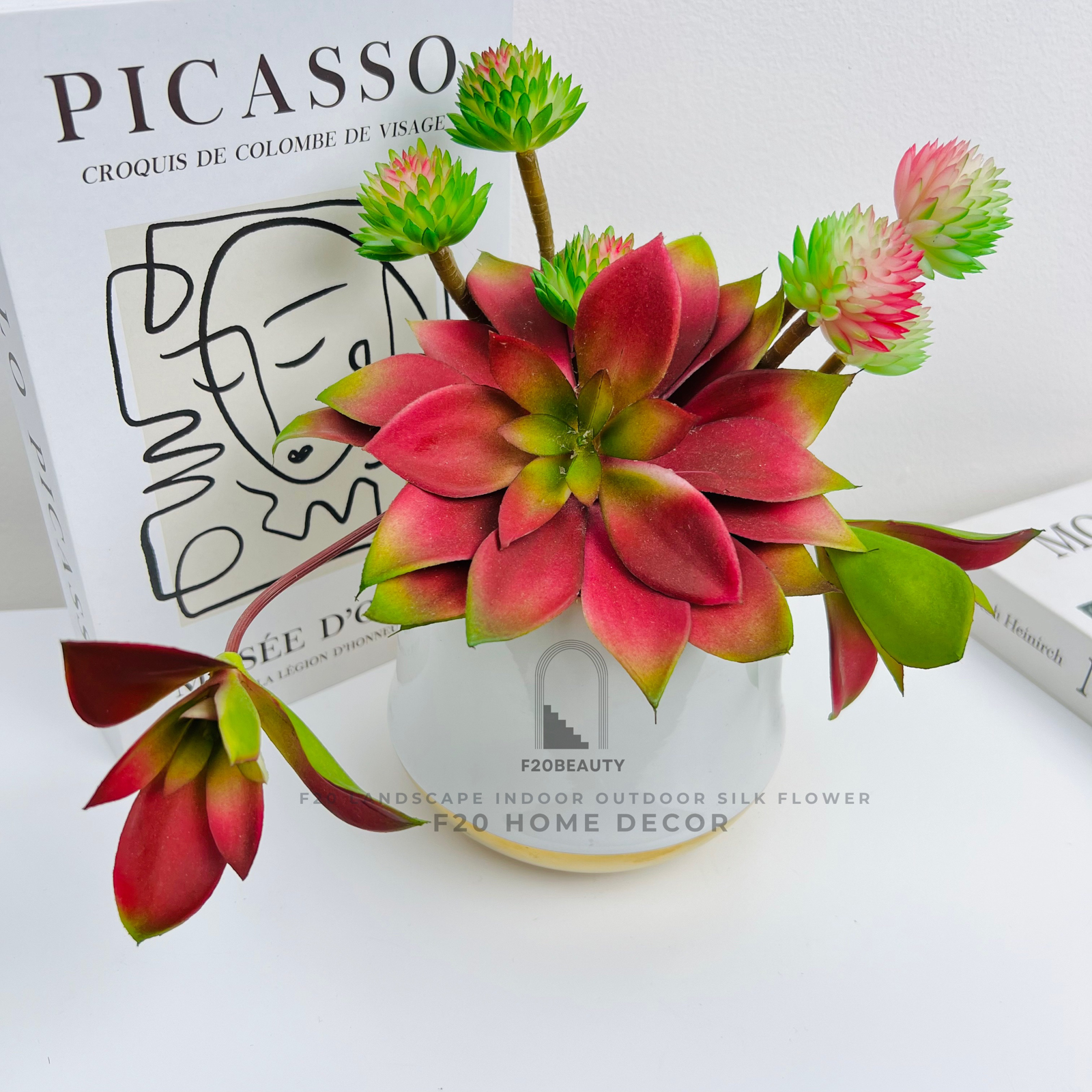 Chậu cây sen đá viền lửa giả trang trí trong nhà, bàn làm việc, văn phòng