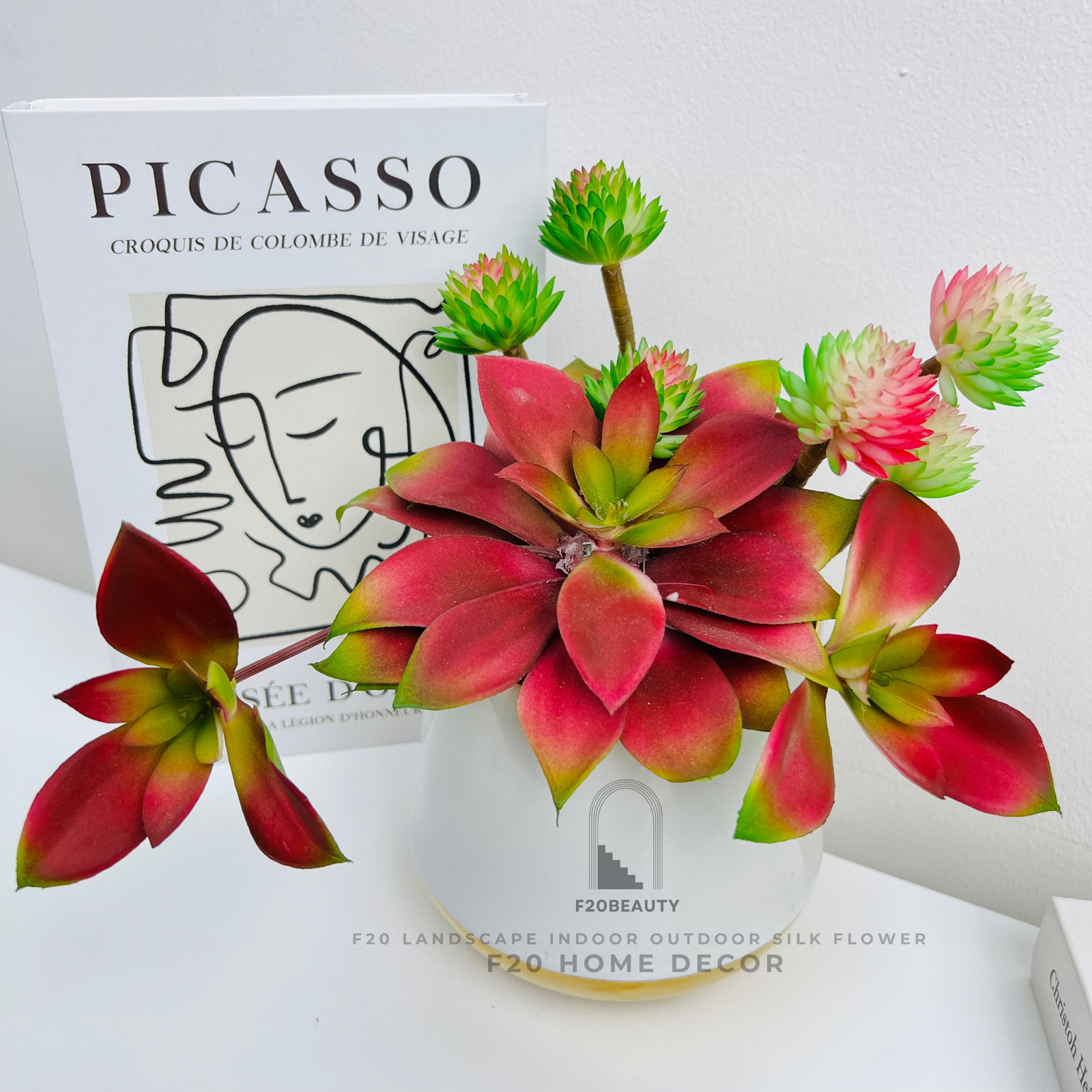 Chậu cây sen đá viền lửa giả để bàn