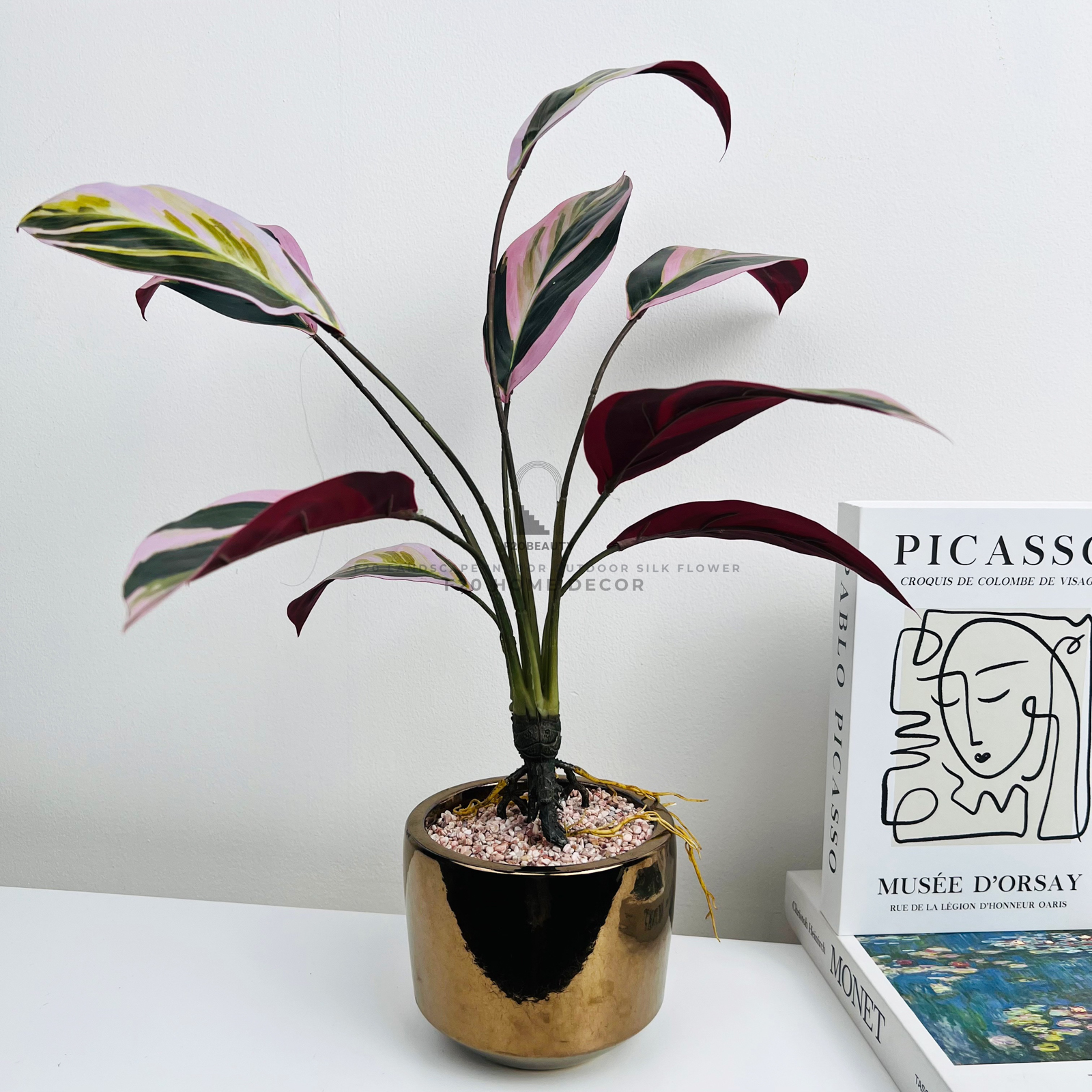 Chậu cây đa búp đỏ Tricolor Stomanthe giả để bàn màu sắc tươi mới cho bàn ăn