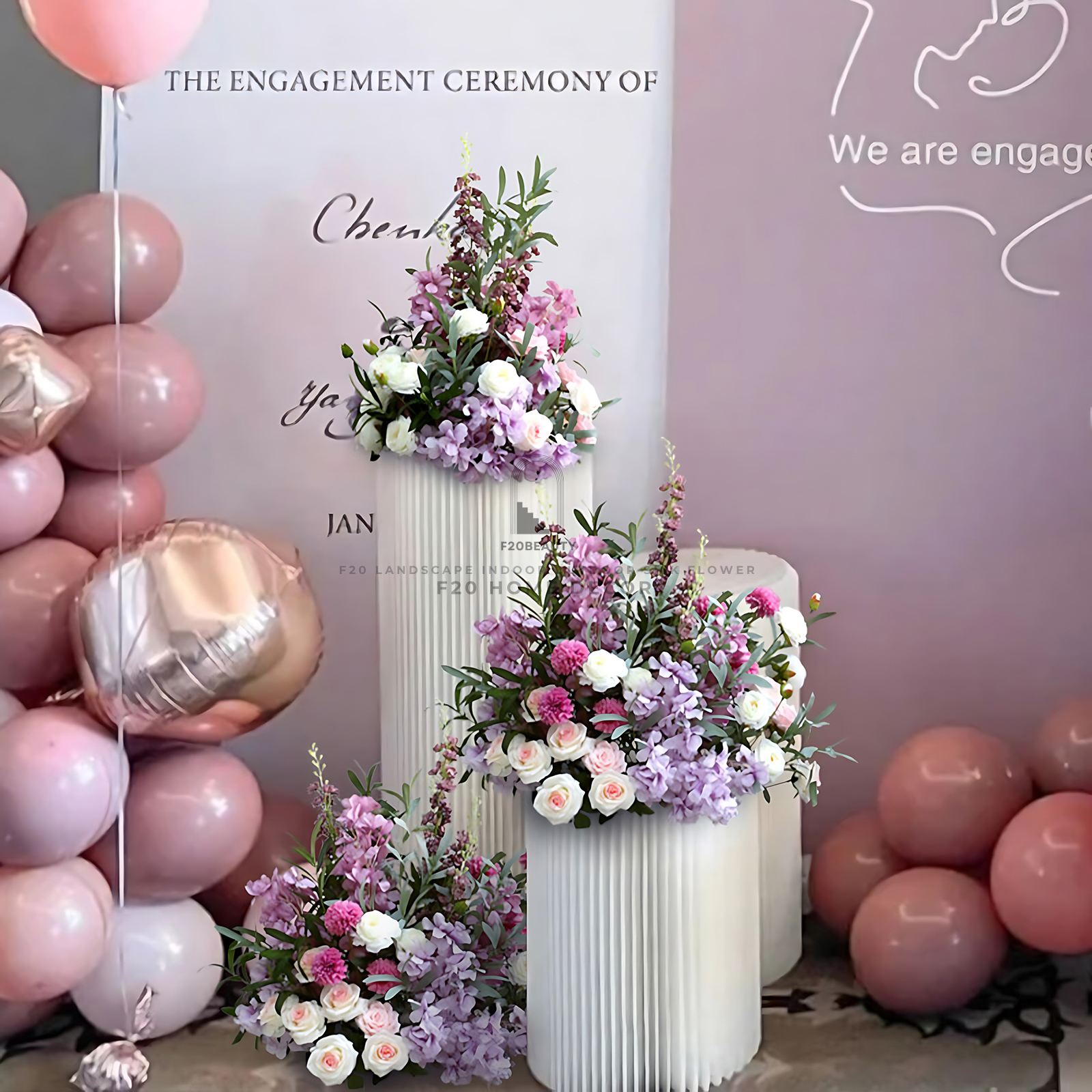 Thi công bục hoa giả trang trí tiệc sinh nhật tông màu tím