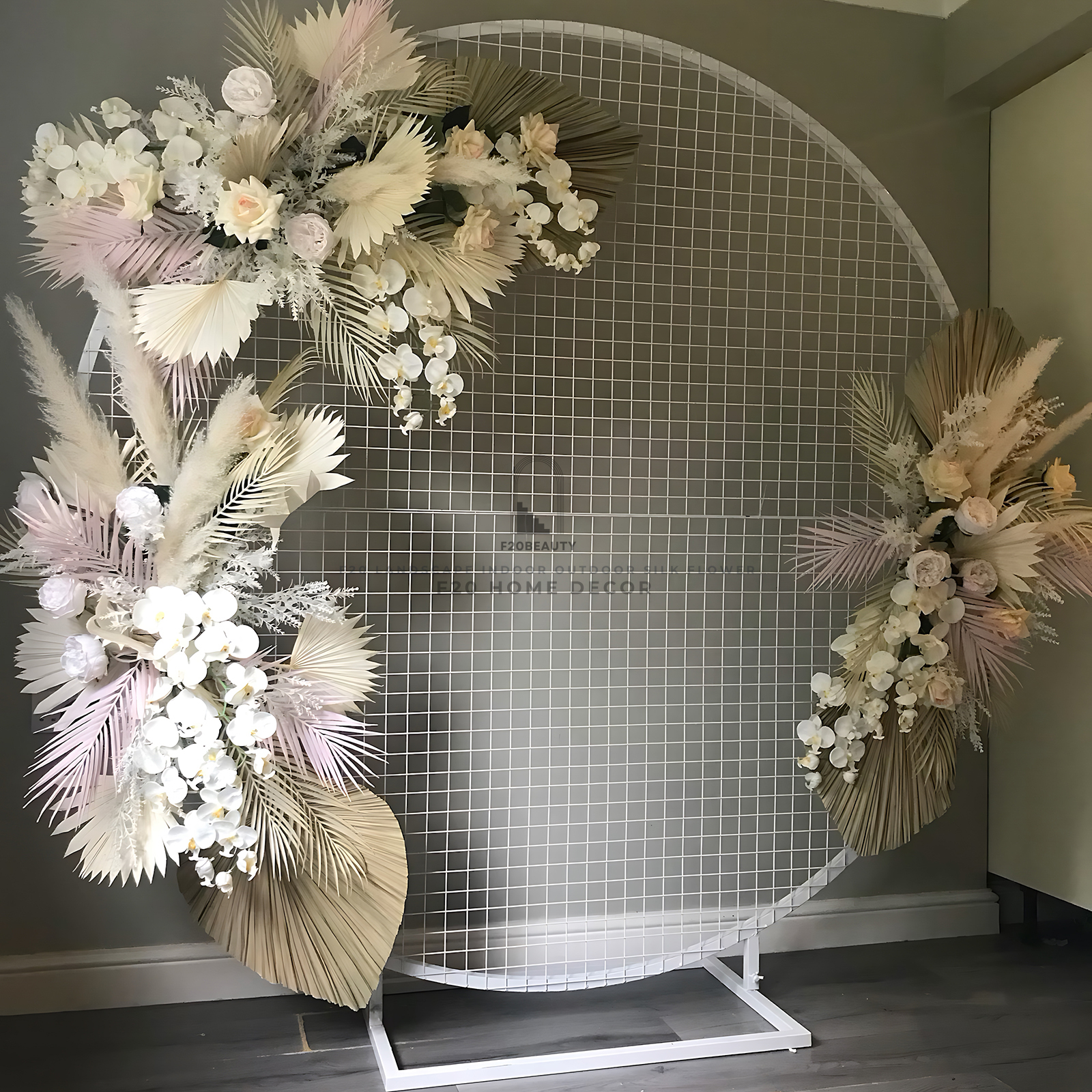 Thi công hoa giả trang trí backdrop sân khấu tông màu trắng