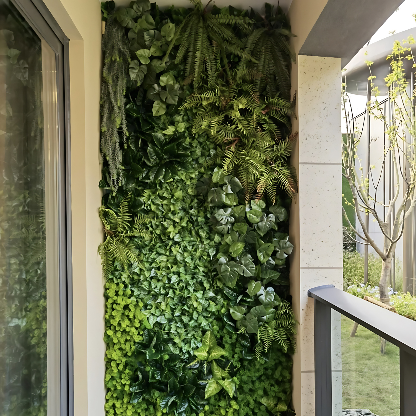 Thiết kế ban công dễ dàng với tường cây giả trang trí vách ban công