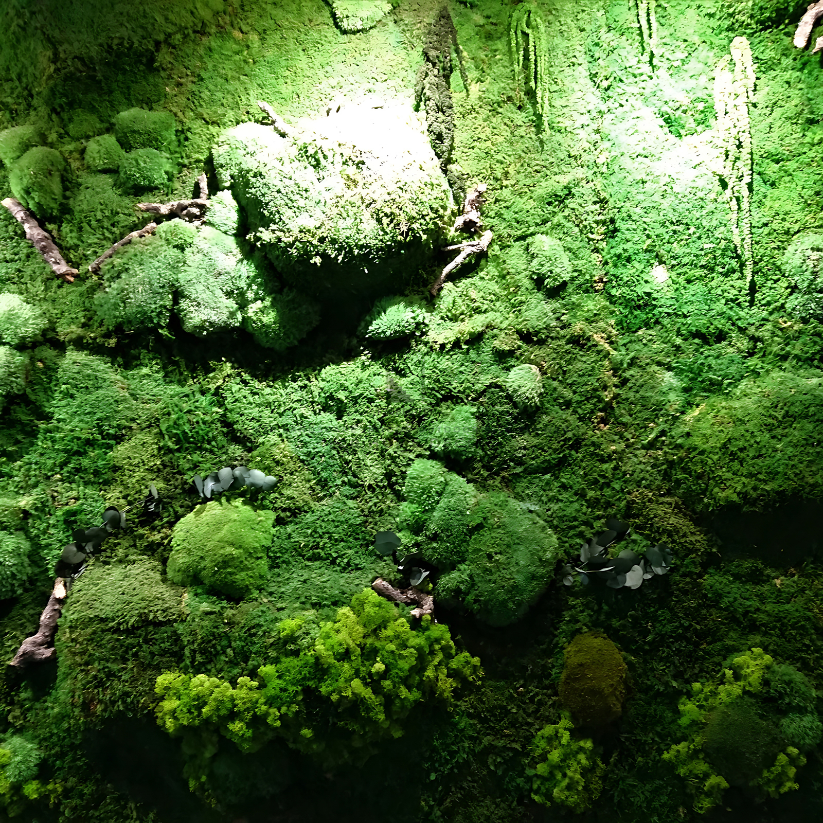 Hình ảnh chi tiết tường rêu giả kết hợp cây trang trí