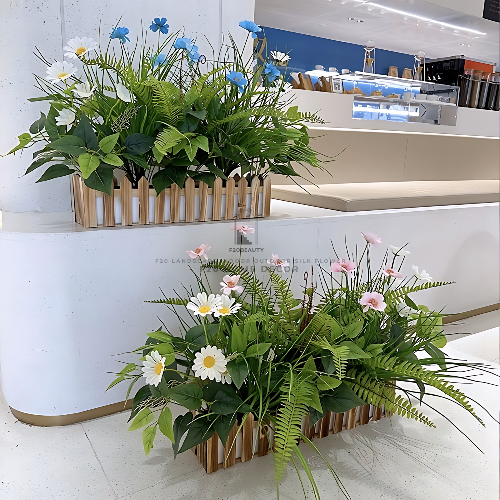 Bục cây giả mix cỏ lau dương xỉ điểm hoa