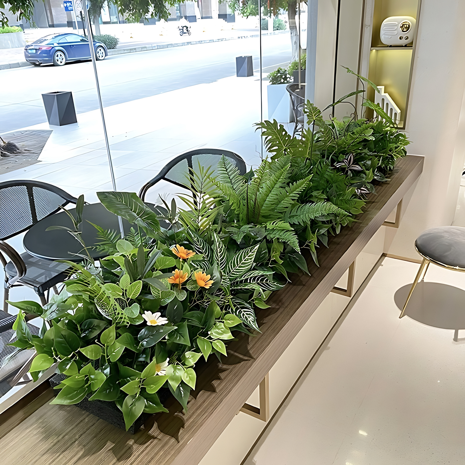 Bục cây giả nhiệt đới trang trí cửa hàng quán cafe tropical