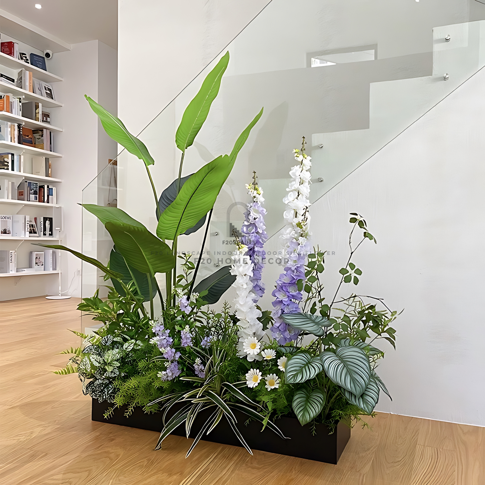 Hộp cây giả trang trí cầu thang văn phòng tạo không gian xanh mát