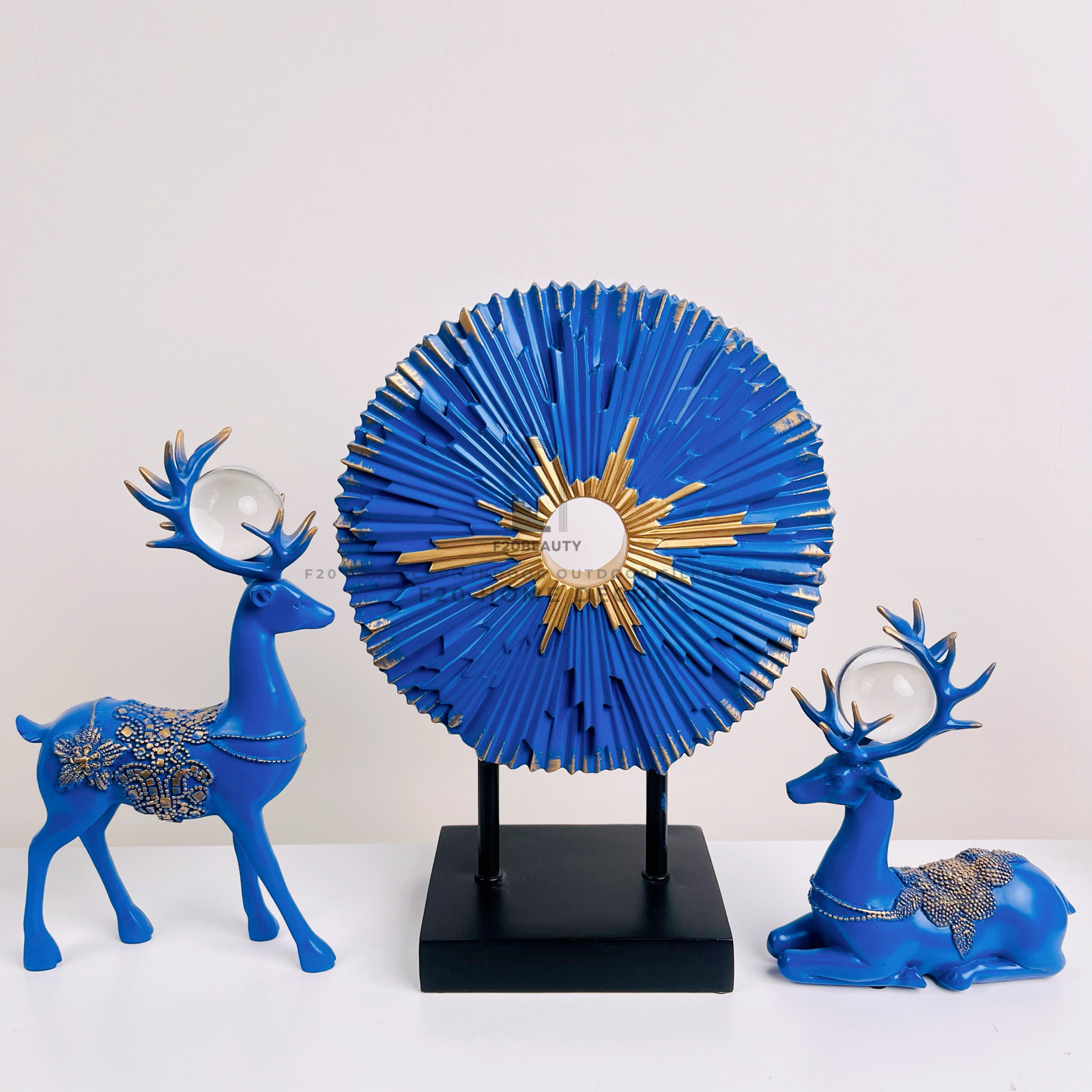 Tượng cặp hươu xanh đính châu kèm đĩa