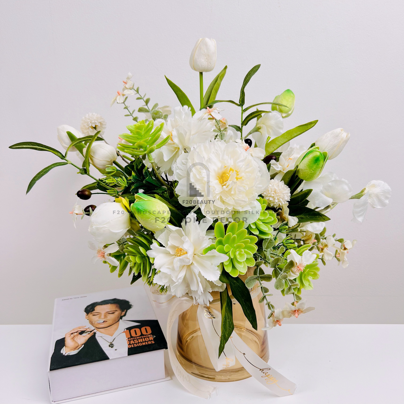 Bình hoa tulip sen đá giả cắm sẵn để bàn