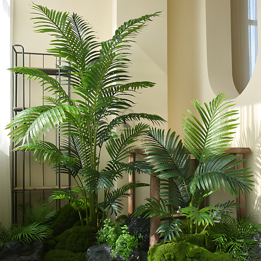 Hình ảnh tiểu cảnh cây dừa giả cao 120 cm & cây cao 180 cm trang trí theo phong cách nhiệt đới