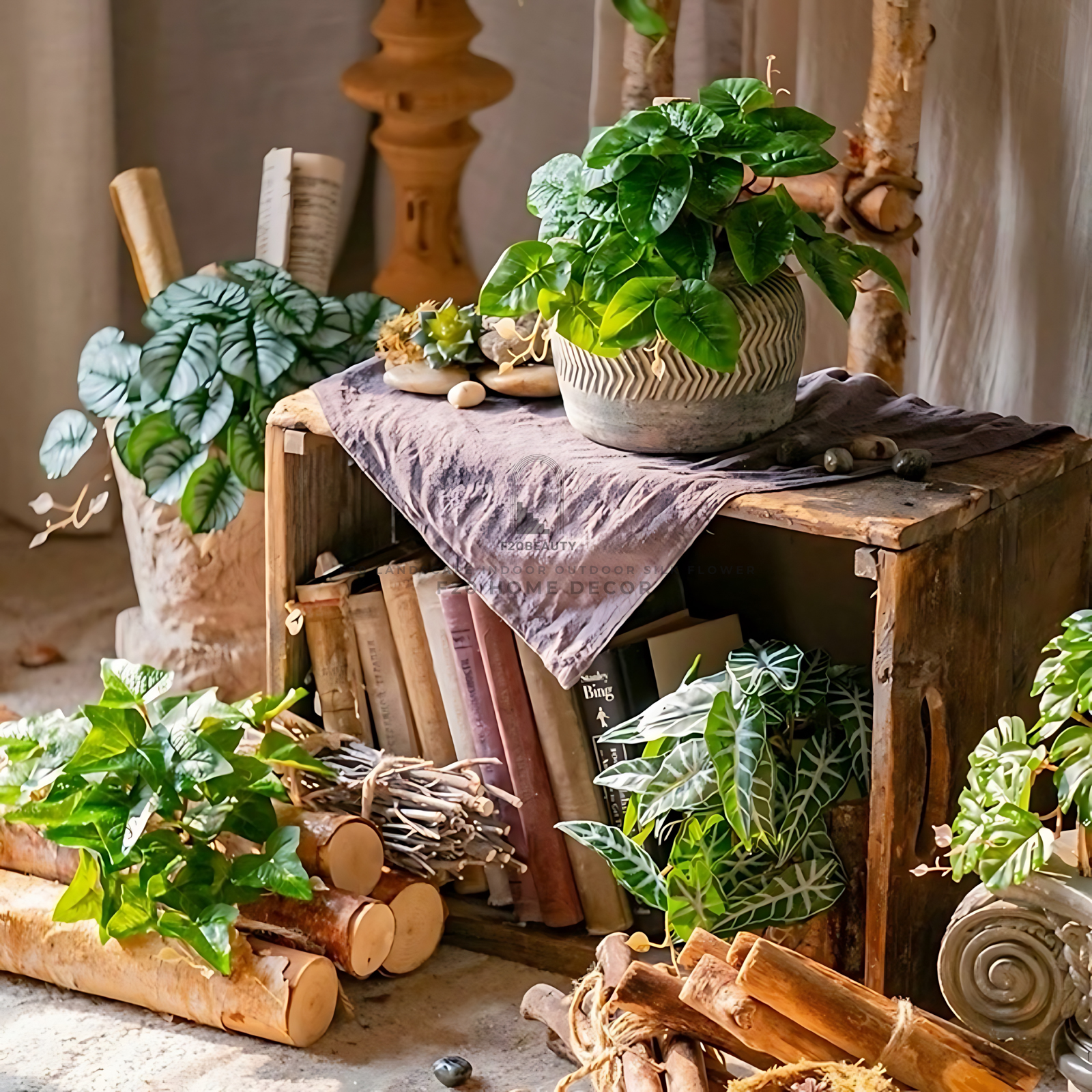 Chậu cây xanh lá giả để bàn trang trí