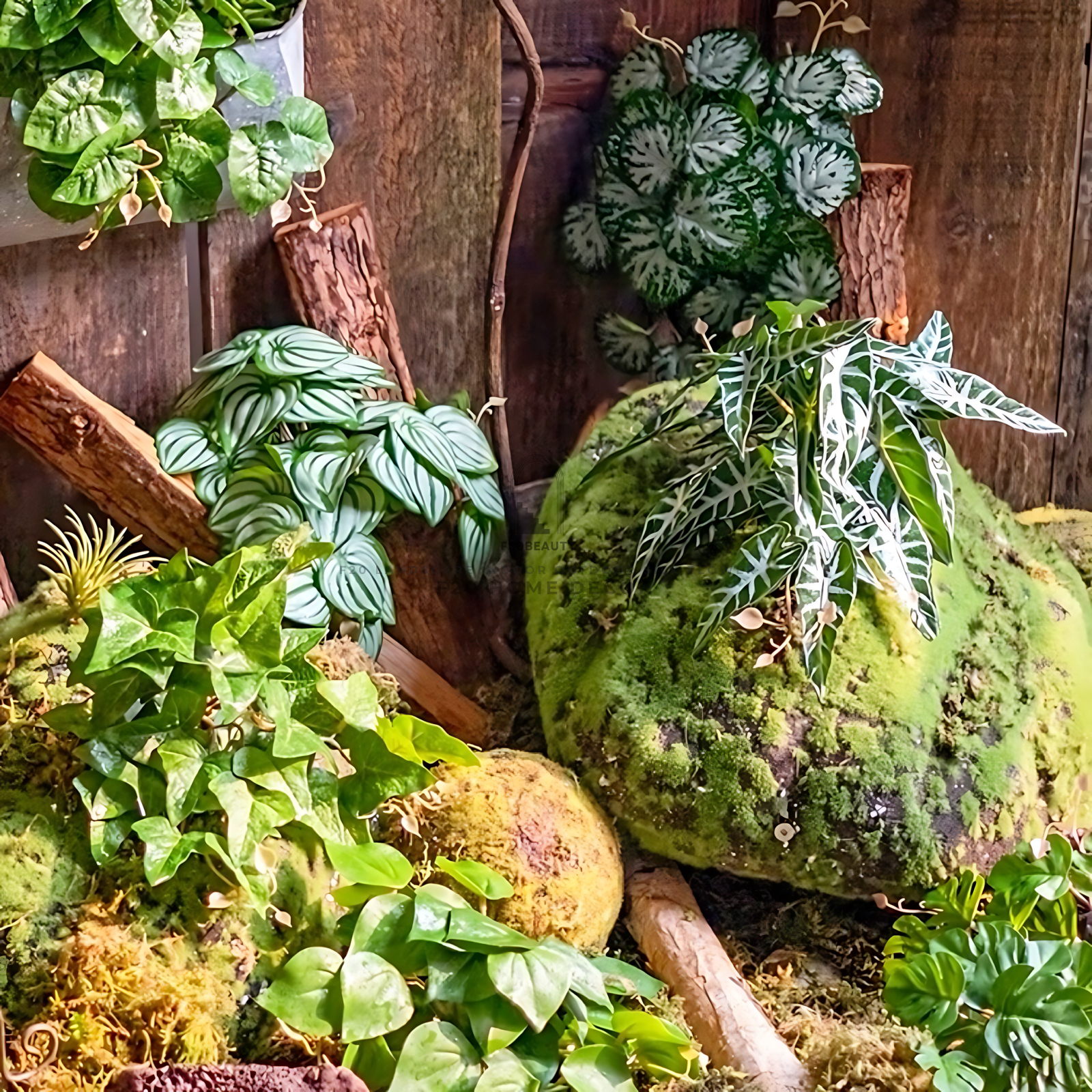 Hình ảnh cành cây xanh lá giả được cắm trang trí tiểu cảnh đơn giản