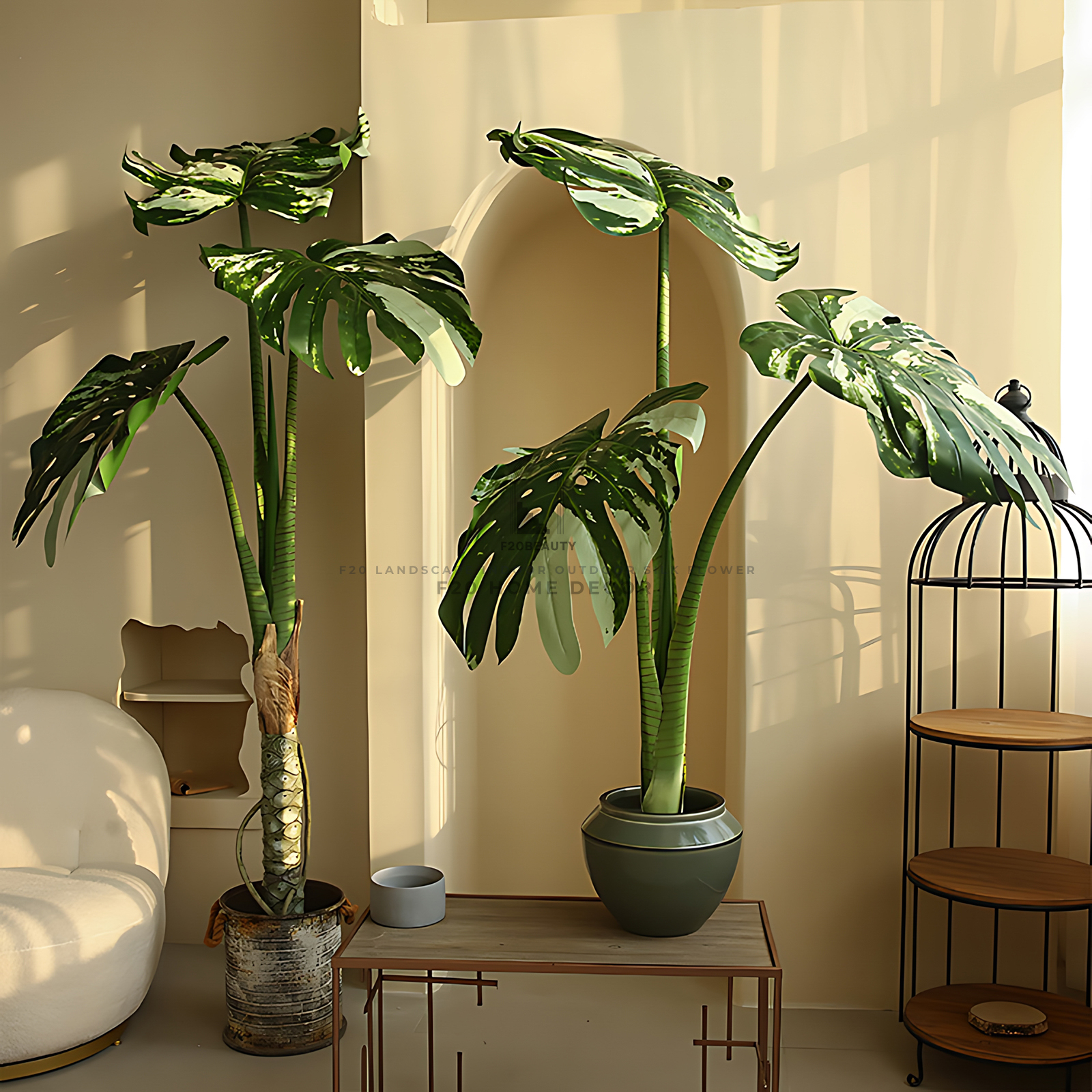 Hình ảnh cây Monstera đột biến 3 lá to giả trang trí không gian nội thất với 2 kích thước 120cm và 180cm