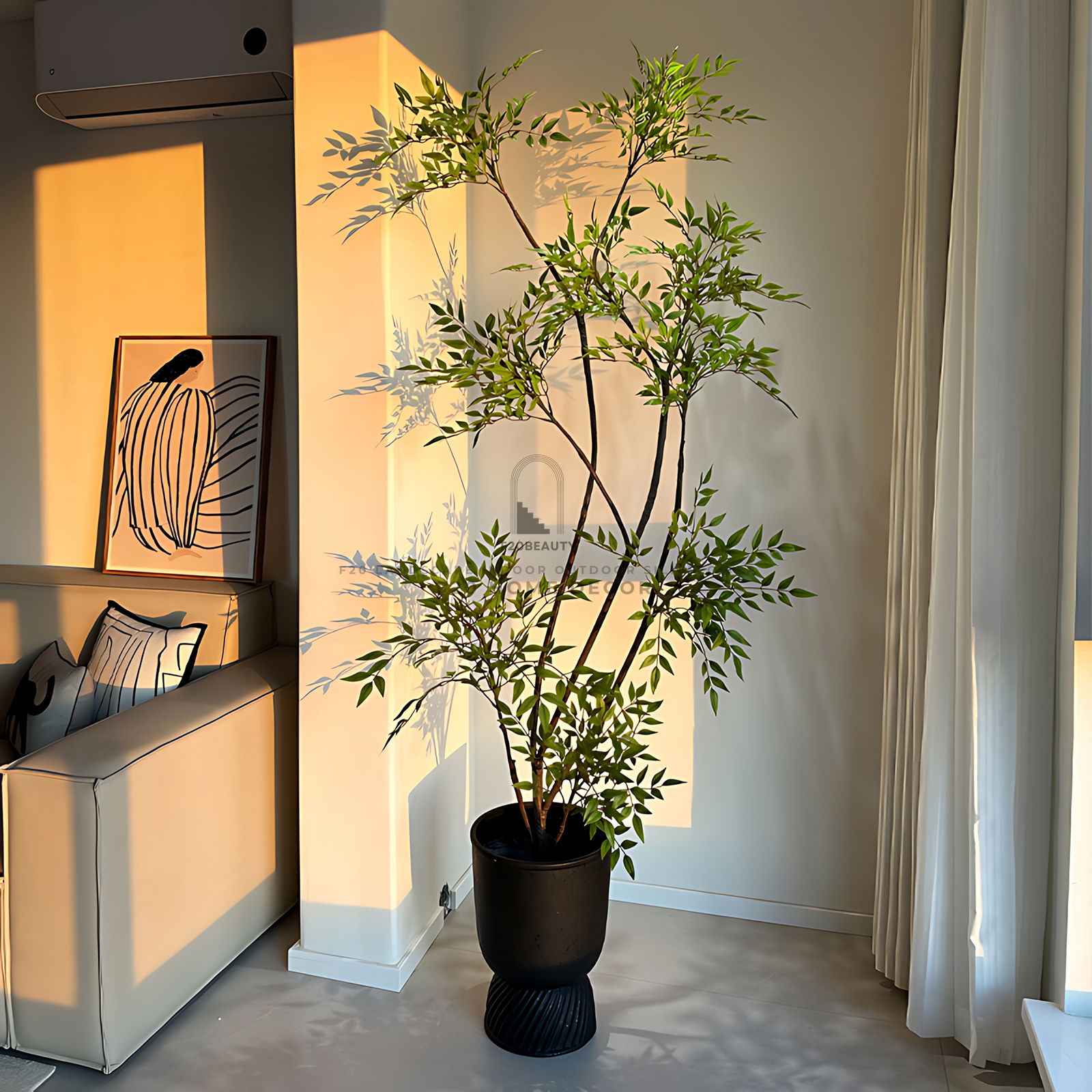 Cây Nandina Domestica giả trang trí góc Sofa phòng khách sang trọng, tinh tế