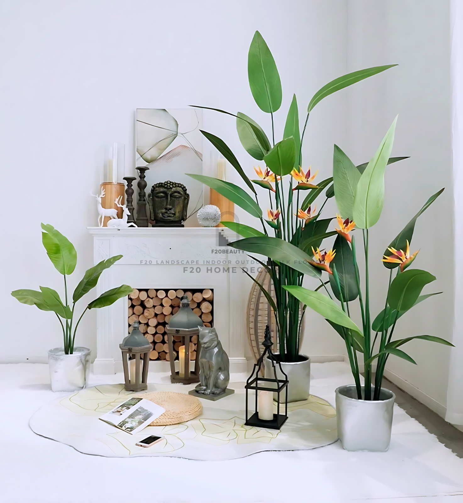 Hình ảnh cây thiên điểu giả trang trí không gian nội thất sang trọng, quý phái